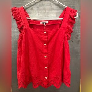 Madewell red linen blend flutter sleeve eyelet top xxs